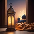 ramadan lantern with candle and mosque at sunset Royalty Free Stock Photo