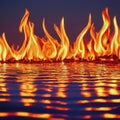 AI generated realistic artwork of flames of fire on a still level of water