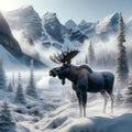 Giant Male Majestic Moose Woodland Snowy Winter Forest Scene Mountains Trees AI Generated