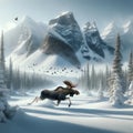 Large Moose Running Woodland Snowy Winter Forest Scene Mountains Trees AI Generated Royalty Free Stock Photo