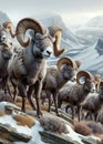 Mountain Sheep Herd Bighorn Rams Winter Wilderness Wildlife Snowy Rocky Mountains Canada AI Generated