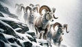 Mountain Sheep Herd Rams Bighorn Winter Wilderness Wildlife Snowy Rocky Mountains Canada AI Generated Royalty Free Stock Photo