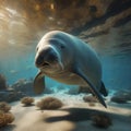 AI generated realistic image of a Dugong swimming in the depth of the sea