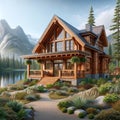 Wooden Lakehouse Executive Home Exterior Estate Designer Mansion House Construction AI Generated