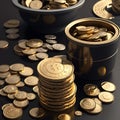 AI generated realistic image of gold coins scattered around on a desk