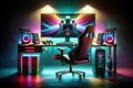 Interactive Video Gaming Equipment Internet Personal Home Computer Setup Monitor Ergonomic Chair AI Generated