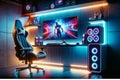 Video Gaming Equipment Internet Personal Home Computer Setup Monitor Ergonomic Chair AI Generated