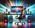 High-tech Equipment Video Gaming Computer Setup Monitor Ergonomic Chair AI Generated