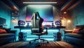 High-tech Equipment Video Gaming Computer Setup Monitor Ergonomic Chair AI Generated