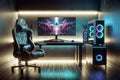 High-tech Equipment Video Gaming Computer Setup Monitor Ergonomic Chair AI Generated