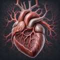 AI generated realistic image of a human heart showing its internal tissues, veins, arteries and muscles.