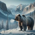 Large Male Grizzly Bear Woodland Snowy Winter Forest Scene Mountains Trees AI Generated