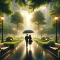 Couple Walking Evening Stroll Raining Pouring Umbrella Lush Green Park AI Generated Royalty Free Stock Photo