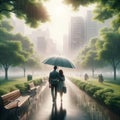 Couple Walking Evening Stroll Raining Pouring Umbrella Lush Green Park AI Generated Royalty Free Stock Photo