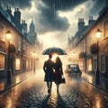 Couple Walking Evening Stroll Raining Pouring Umbrella City Street AI Generated Royalty Free Stock Photo