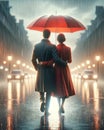 A Successful Couple Walking Strolling Evening City Street Raining Red Umbrella AI Generated Royalty Free Stock Photo