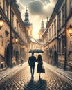 An Elegant Couple Walking Strolling Evening City Street Raining Umbrella AI Generated Royalty Free Stock Photo