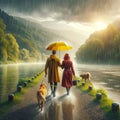 Couple Walking Dogs Strolling Raining River Pathway Spring Umbrella AI Generated