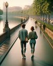 Couple Walking Morning Romantic Boardwalk Promenade AI Generated