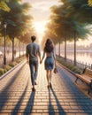 Couple Walking Morning Romantic Boardwalk Promenade AI Generated