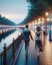 Couple Walking Evening Romantic Boardwalk Promenade AI Generated