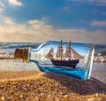 AI generated realistic image of a medieval era ship sailing in a bottle in a sandy beach