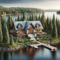 Remote Executive Lodge Lakehouse Wilderness Fishing Chalet Home Exterior Wooden House Construction AI Generated