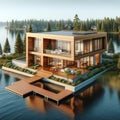 Modern Lodge Lakehouse Cabin Wilderness Fishing Log Chalet Home Exterior Wooden House Construction AI Generated