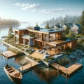 Grand Executive Lodge Lakehouse Wilderness Fishing Chalet Home Exterior Wooden House Construction AI Generated