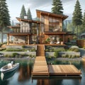 Upscale Executive Lodge Lakehouse Wilderness Fishing Chalet Home Exterior Wooden House Construction AI Generated