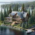 Remote Lodge Wilderness Fishing Chalet Home Exterior Wooden House Construction AI GeneratedFisning