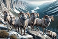 Herd Rams Bighorn Winter Wilderness Sheep Wildlife Snowy Rocky Mountains Canada AI Generated Royalty Free Stock Photo