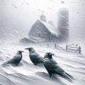 Three Black Crows Old Barn Snowy Winter Abandoned Farm Prairies AI Generated Royalty Free Stock Photo