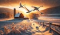 Farming Scene Swans Red Barn Snowy Winter Farmyard Sunrise Country AI Generated Royalty Free Stock Photo