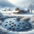 Winter Farming Landscape Scene Stream Mallard Ducks Weathered Barn Snowy Farmyard Sunrise Country AI Generated
