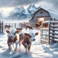 Farming Scene Cows Barn Snowy Winter Farmyard Corral Country AI Generated