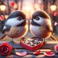 Valentines Day Cute Adorable Pair Chickadees Small Animals Forest Woodland Critters Winter Canada AI Generated