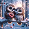 Valentines Day Cute Adorable Pair Owls Small Animals Forest Woodland Critters Winter Canada AI Generated