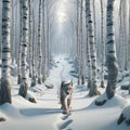 Lone Bobcat Wilderness Wintertime Birch Trees Snowy Pathway Forest Canada AI Generated