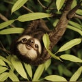 AI generated realistic image of a sloth hanging from a tree branch in a jungle