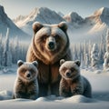 Mama Family Grizzly Bears Woodland Snowy Winter Forest Scene Mountains Trees AI Generated