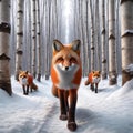 Small Red Foxes Wintertime Wilderness Wildlife Snowy Pathway Forest Canada AI Generated