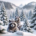 Woodland Racoons Snowy Winter Forest Scene Mountains Trees AI Generated Royalty Free Stock Photo