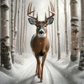 White-tail Deer Buck Wilderness Wintertime Birch Trees Snowy Pathway Forest Canada AI Generated