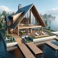 Lakehouse Cabin Wilderness Fishing Log Chalet Home Exterior Wooden House Construction AI Generated Royalty Free Stock Photo