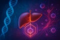 AI generated realistic liver centered with glowing DNA circuit on left and abstract virus molecules on right visualizing advanced Royalty Free Stock Photo