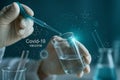 AI generated realistic scene of gloved hand using pipette to drop liquid into petri dish with digital virus and molecule graphics Royalty Free Stock Photo