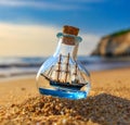 AI generated realistic souvenir consisting of a medieval era ship in a bottle in a sandy beach