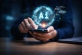 AI generated realistic view of artificial intelligence working through a smartphone with digital globe data network and future Royalty Free Stock Photo