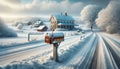 A Frosty Country Road Landscape Scene with a Rusty Mailbox in Winter Old Homestead House Property AI Generated